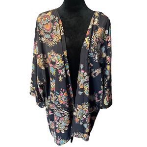 Anthropology Birdcage Large Paisley Floral Kimono Cardigan Black Open Front